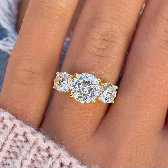3 Stone 9.25 Sterling Silver Gold Vermeil & Moissanite Women's Ring